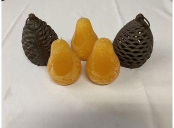 2 Metal Patio Candle Holders And 3 Pear Candles