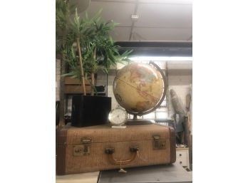 Table Top Quad Deco Lot, Vintage Suitcase, Globe, Baby Ben, Bamboo