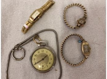 Pocket Watch And Three Gold Tone Watches