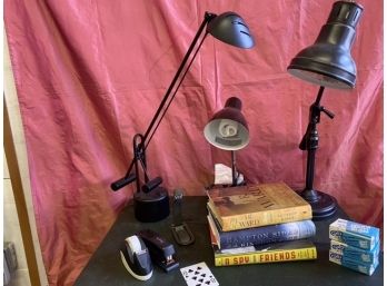 3 Desk Lamps, 3 Books, 3 Boxes Of Paperclips, Book Light, Scotch Tape, Stapler