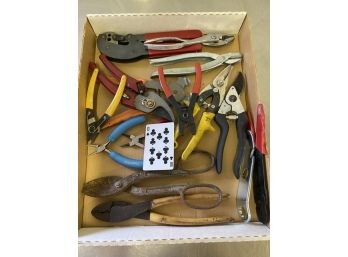 “10 Of Clubs” Box Lot Of Pliers, Nips, And More