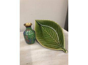 Green Leaf Ceramic Platter With Small Brass Hand Painted Vase