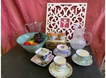 4 Vintage Tea Cups, Glass Fruit, Framed Flower, 2 Pitchers And More “four Of Hearts” Box Lot