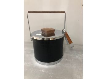 Mid Century Modern Chrome And Leatherette Ice Bucket & Tongs