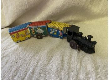 Casey Toy Tin Train, Engine And 3 Cars