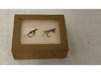 Wood Box With Two Flies Displayed On Top