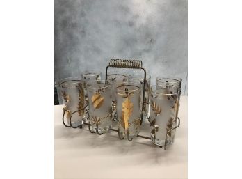 Mid Century Modern Glassware With Brass Caddy Set Of 8