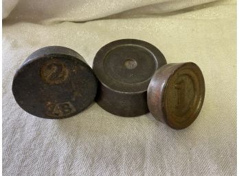 Set Of 3 Iron Weights Marked 1, 2, 4 Lbs