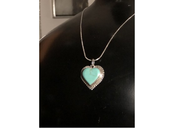 Sterling Silver Necklace, Turquoise Pendant Heart