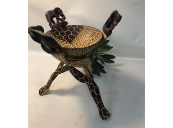 African Hand Carved And Painted 3 Legged Tripod Bowl Holder With Matching Bowl