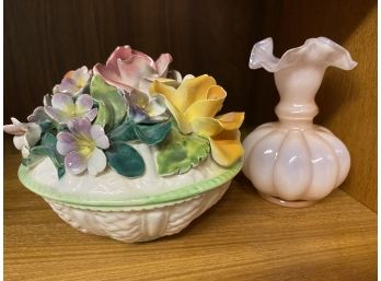 Pink Fenton Vase And Bright Italian Container With Lid