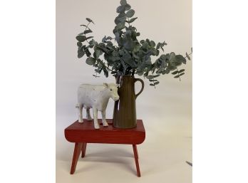 Pottery Barn Pitcher, With Crate & Barrel Eucalyptus, Red Vintage Stool And Cute As Ever Cow !!