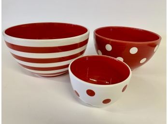 Set Of Three Red & White Ceramic Bowls By: 222 Fifth
