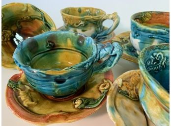 Unique  & Colorful Ceramic Tea Cup & Saucers With One Bowl !!