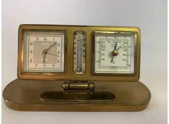 Mid Century  7 Jewel Desk Clock Thermometer Barometer 1940s Germany & West Brass