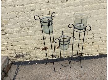 Trio Of Metal And Glass Display Or Candle Holders