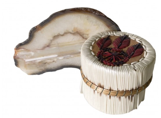 Native American Porcupine Quill Trinket Box And Geode Slice