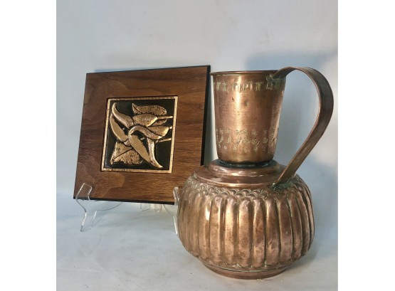 Mid Century Modern Bruce Fox Copper Relief Art Piece  A United Arab Republic Copper Pitcher
