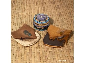 Two Leather Pouches And Beaded Box