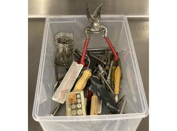 Garage Box Lot With Red Handled Snippers