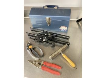Blue Tool Box, Tools And Tv Mounting Bracket