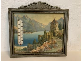 Vintage Thermometer In Picture Framed Landscape Scene Mountain Lake