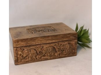 Ornately Carved Wooded Elephant Box With Hinged Lid