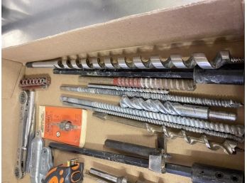 Garage Lot Box Of Drill Bits, Vintage Sockets, Measuring Tape And More