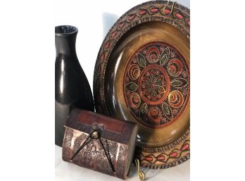 Carved Wood Plate, Embossed Leather Handmade Book And Pottery Bud Vase