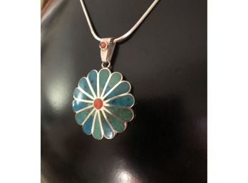 Sterling Silver Turquoise Flower Pendant Necklace