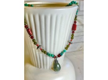 Artisan Turquoise, Jade, Coral, Labradorite And Sterling Necklace.