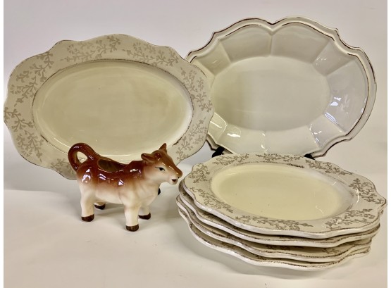 Two Serving Trays, Cow Creamer, & Four Plates