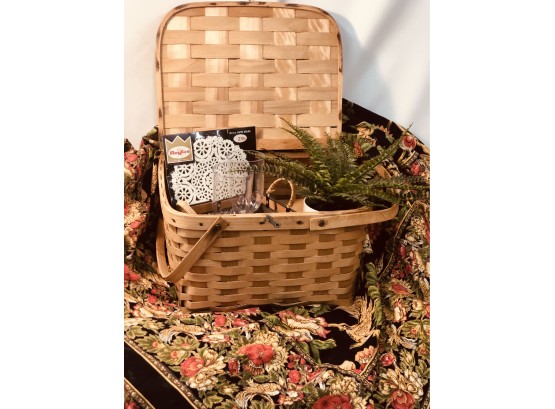 Vintage Picnic Basket With April Cornell Tablecloth And More!!!