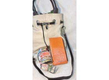 Vera Pelle Two Toned Tote Handbag With Wallet And Belt
