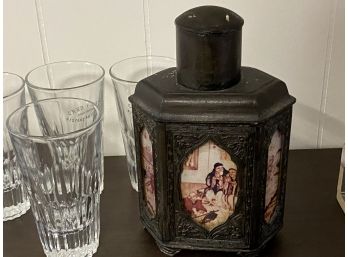 Heavy Metal And Ceramic Flask With 5 Large Heavy Shot Glasses