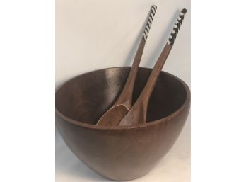 Amazing Turned Deep Salad Bowl With Tribal Inspired Serving Utensils