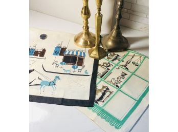 Vintage Hand Painted Linen Tea Towels And Brass Candlesticks.