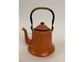 Vintage Enamelware Orange W/ Black Trim Teapot , Japan Woven Handle