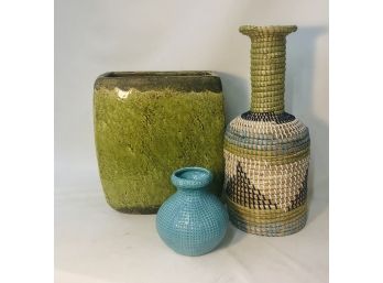 Tabletop Trio: Large Ceramic Crackle Vase/planter, Brightly Colored Basket And Sm Aqua Vase