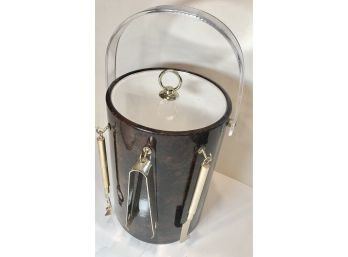 Mid Century Modern Tortoise Shell Ice Bucket With Attached Utensils