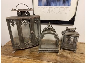 Trio Of Metal And Glass Decorative Candle, Or Creatives Holder