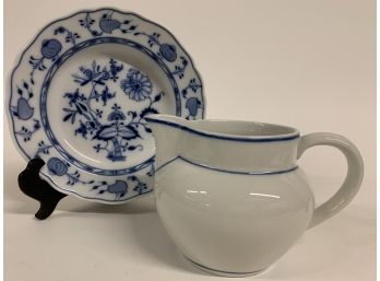 Antique Meissen Porcelain Blue Onion Bowl Approx. 9 Inches With Porcelain Marked Pitcher
