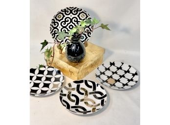 Tabletop Trio, Designer Desert Plates, A Goldleaf Lidded Box And Blk/white Dots Small Vase.