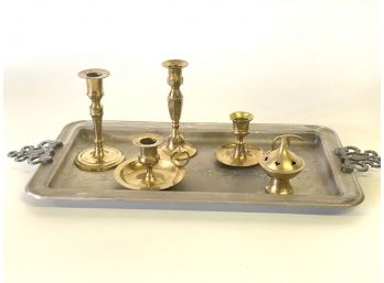 Vintage Tray Of Brass, Candlesticks And Incense Burner