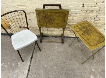 Vintage TV Trays With Rolling Stand/holder And Classic Chair