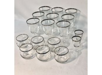 Mid Century Modern Silver Rimmed Glassware/Barware   17 Pieces. Lot # 4