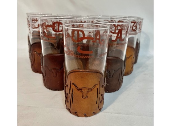 Vintage Bamco Western Themed Glasses With Steer Branded Leather Holders