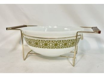 Pyrex Verde Green Flowers Bowl With Wood Handled Brass Carrier