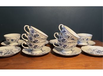 Vintage Old Vienna China, Blue Onion Pattern, Japan, S #4459, Set Of 8 Teacup And Saucer