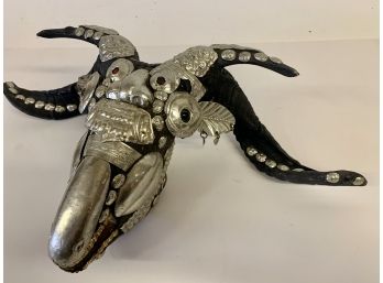 Vintage Tibetan  Kapala  Horned Goat Skull  Mask Ornamented With Metal Applique